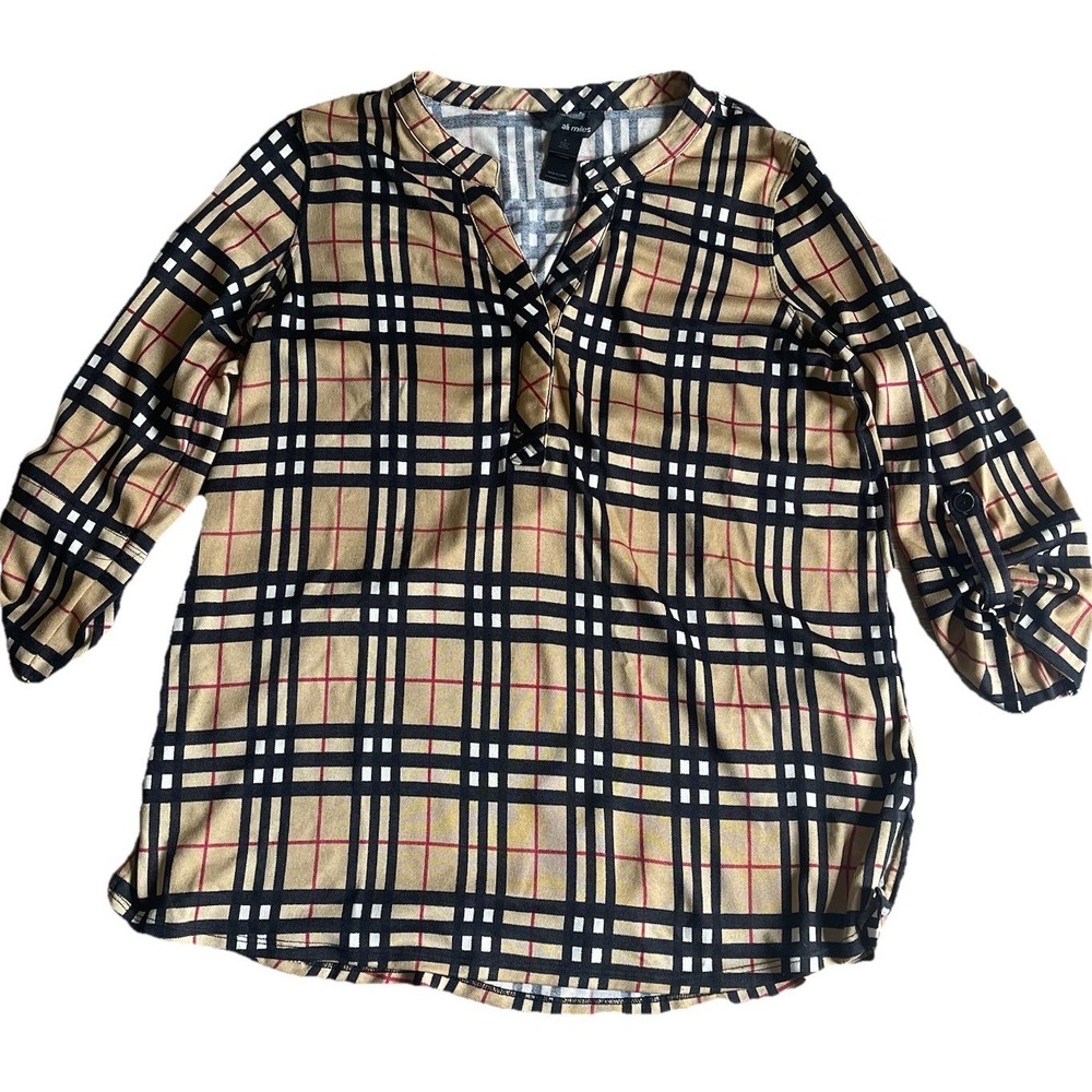 Ali Miles Women's Large Plaid Check Tunic Top Long Roll Up Tab Sleeve Side Split